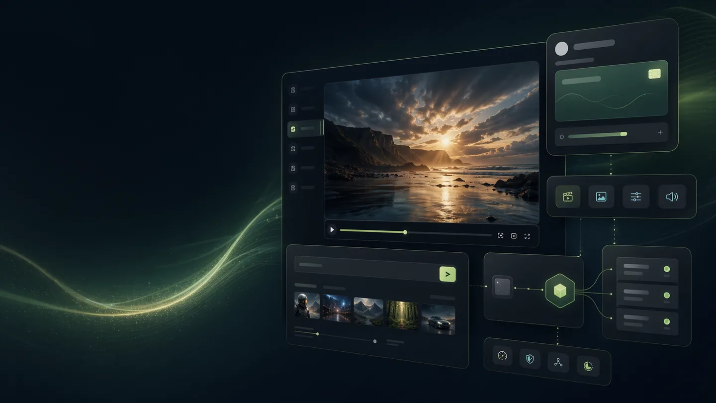 Premium abstract Veo 3.1 access workflow with studio, API, credit wallet and video render preview