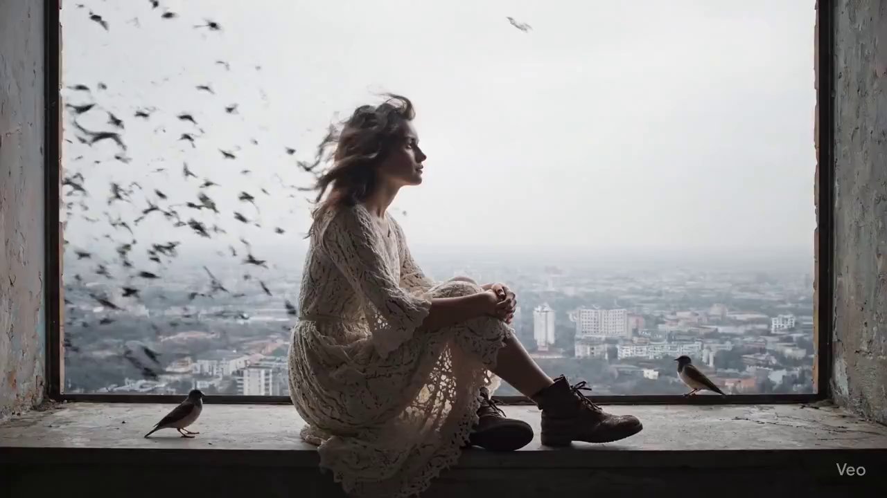 Ethereal Girl, Swirling Birds, Moody Cinematic Scene