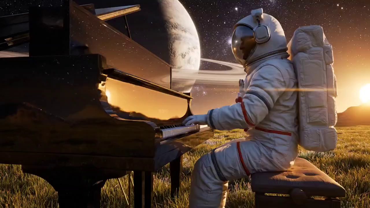 Astronaut's Melodic Journey on an Alien Sunset
