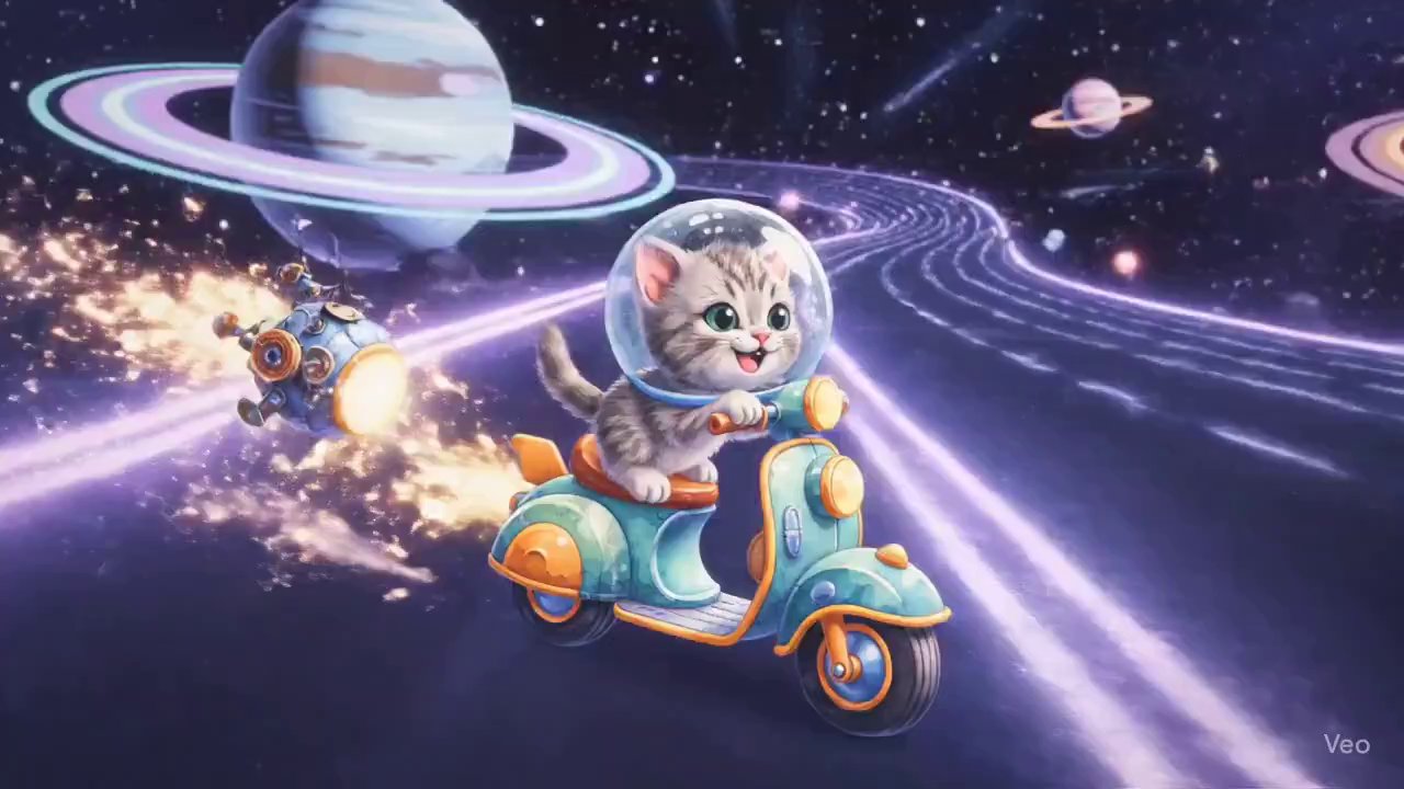 Kitten's Cosmic Adventure: Watercolor Comet Chase