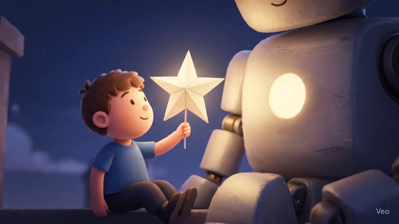 Dreamy Twilight Rooftop: Boy and Gentle Robot