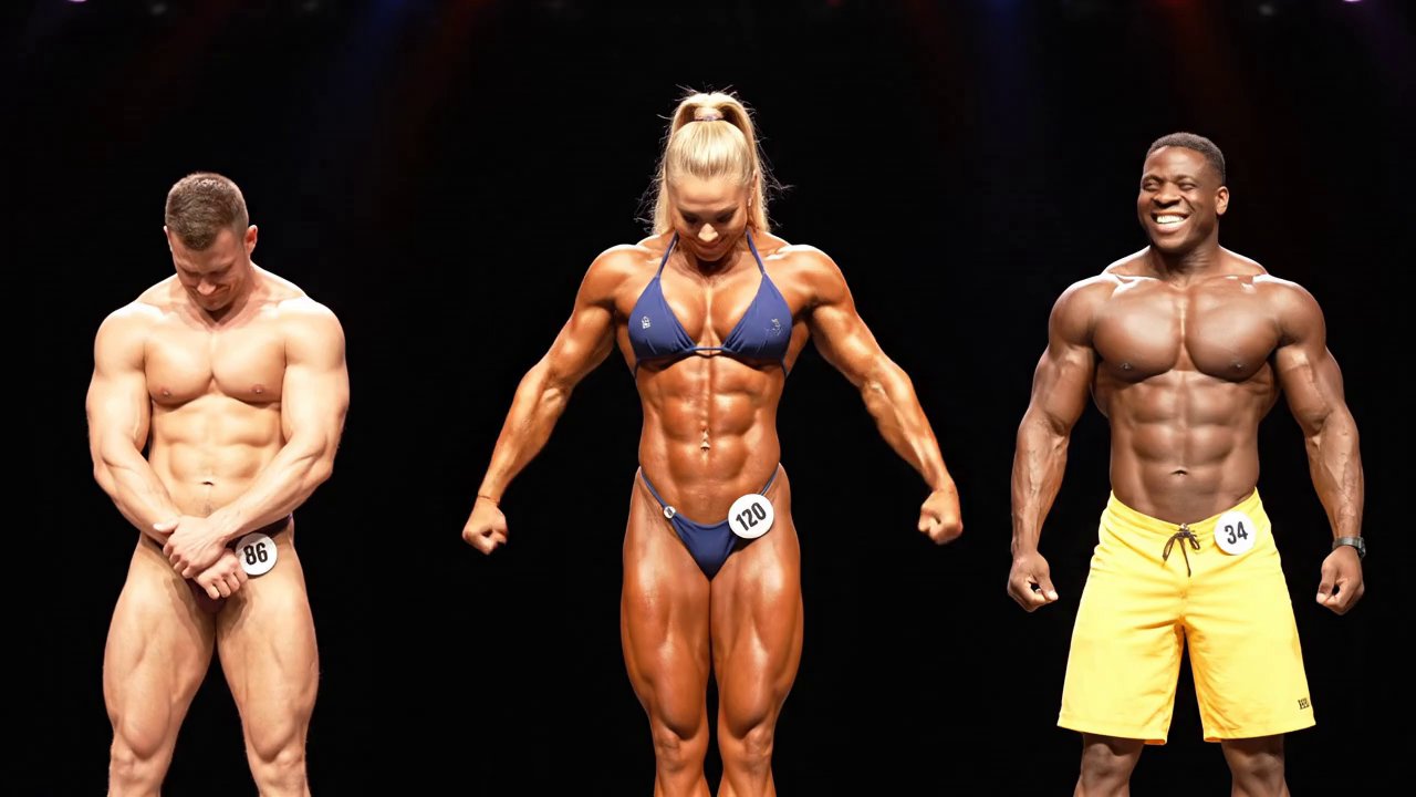 On stage at a bodybuilding contest. Center stage, ...