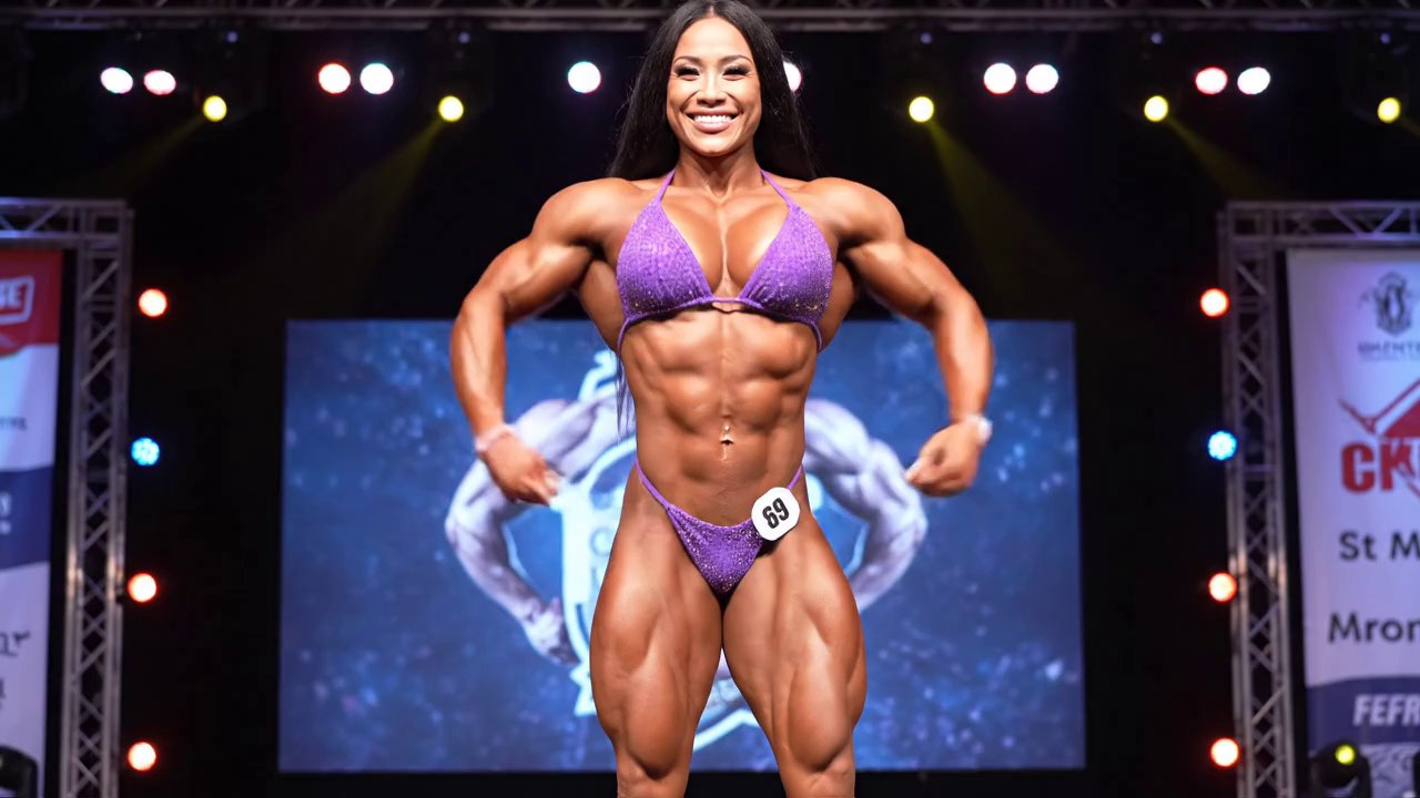 Trans bodybuilder, with feminine facial features, ...