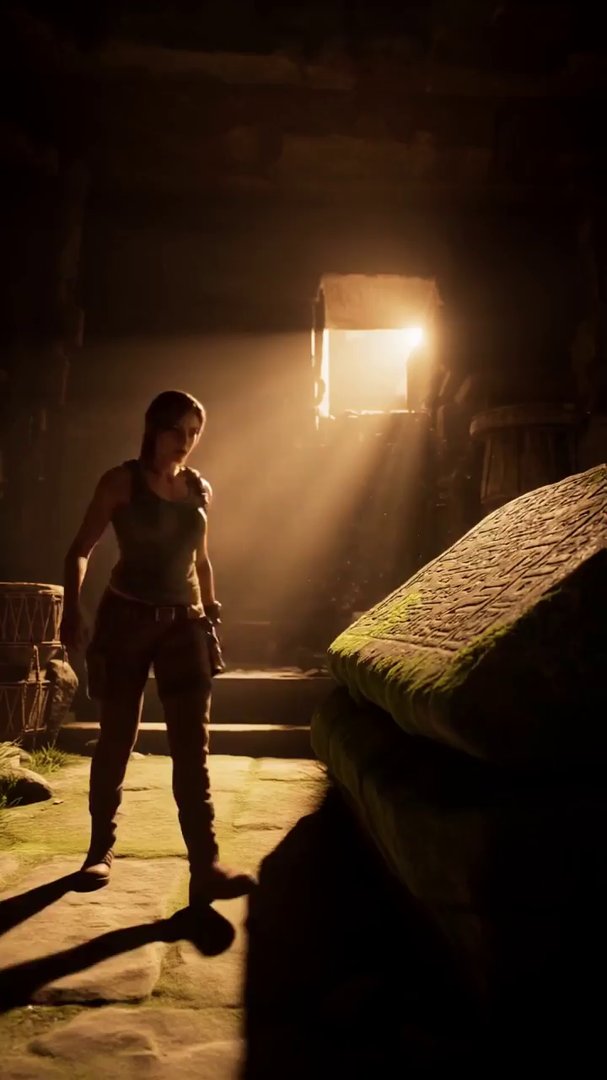 A medium shot captures Lara Croft, in her 20s, ath...