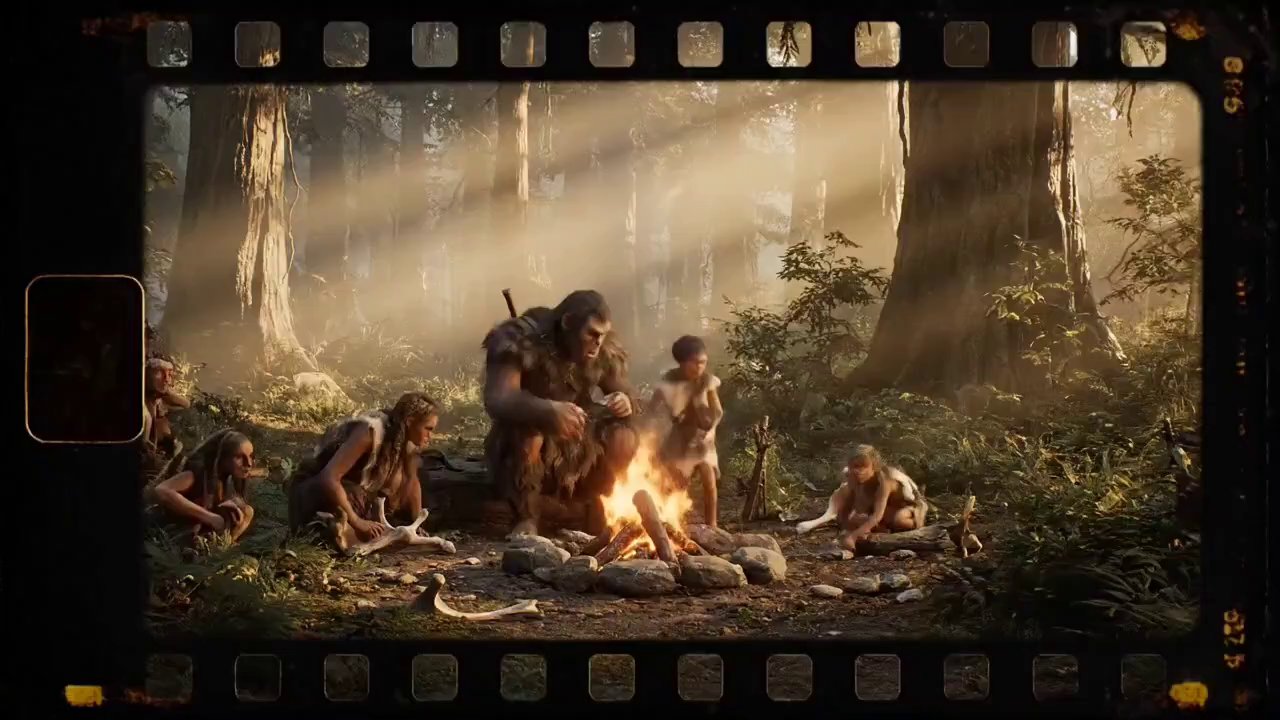 Ancient Earth: Neanderthal Dawn Vintage Film - Veo 3 AI video prompt thumbnail