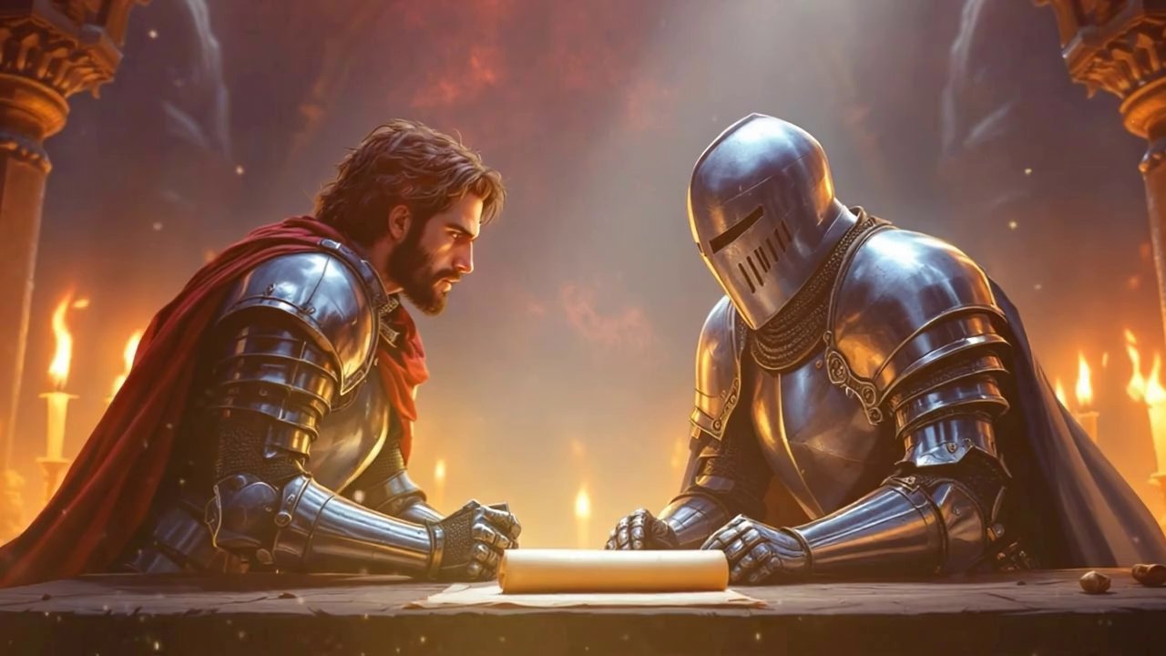 {  "description": "Two armored knights face each ...