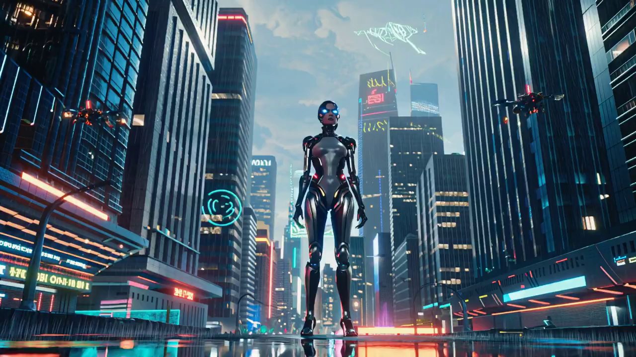 Cybernetic Guardian in Neon Cityscape