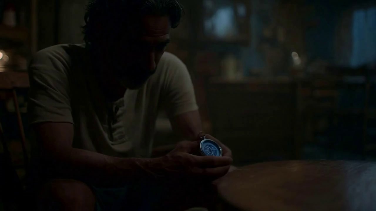 The father sits in a dimly lit room, holding and c...