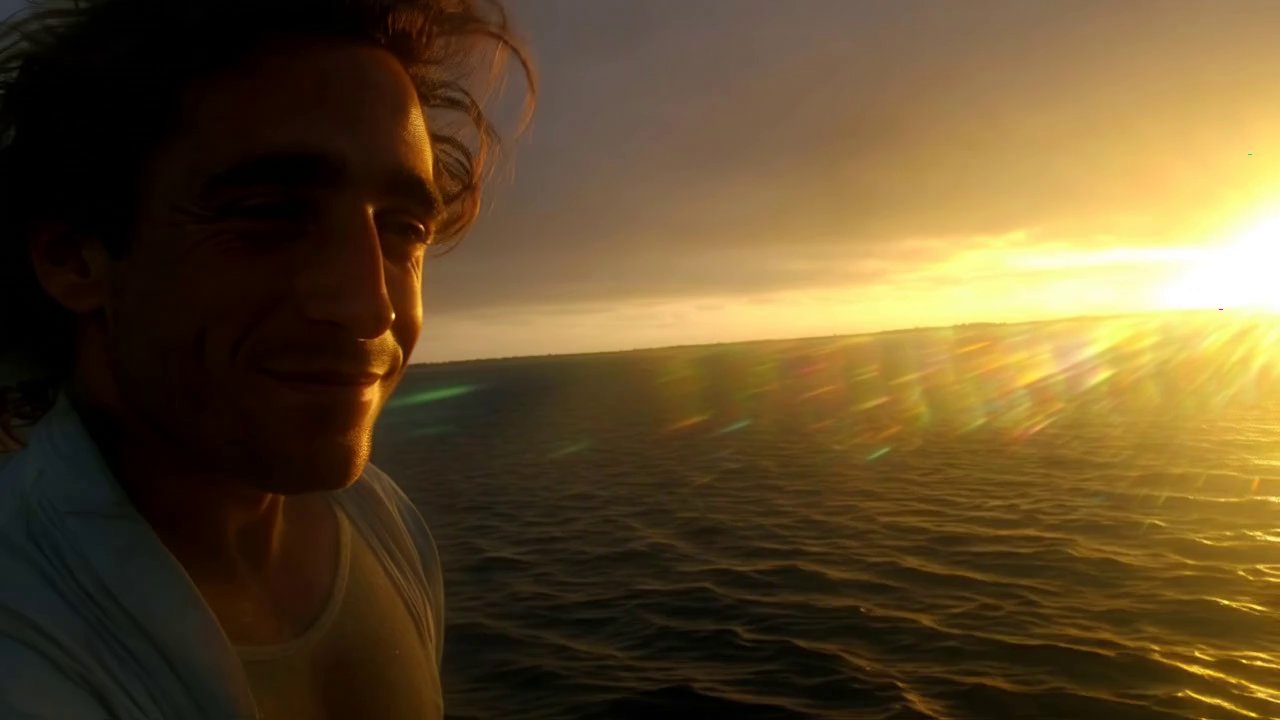 The man sits on an old wooden pier at sunse. The w...