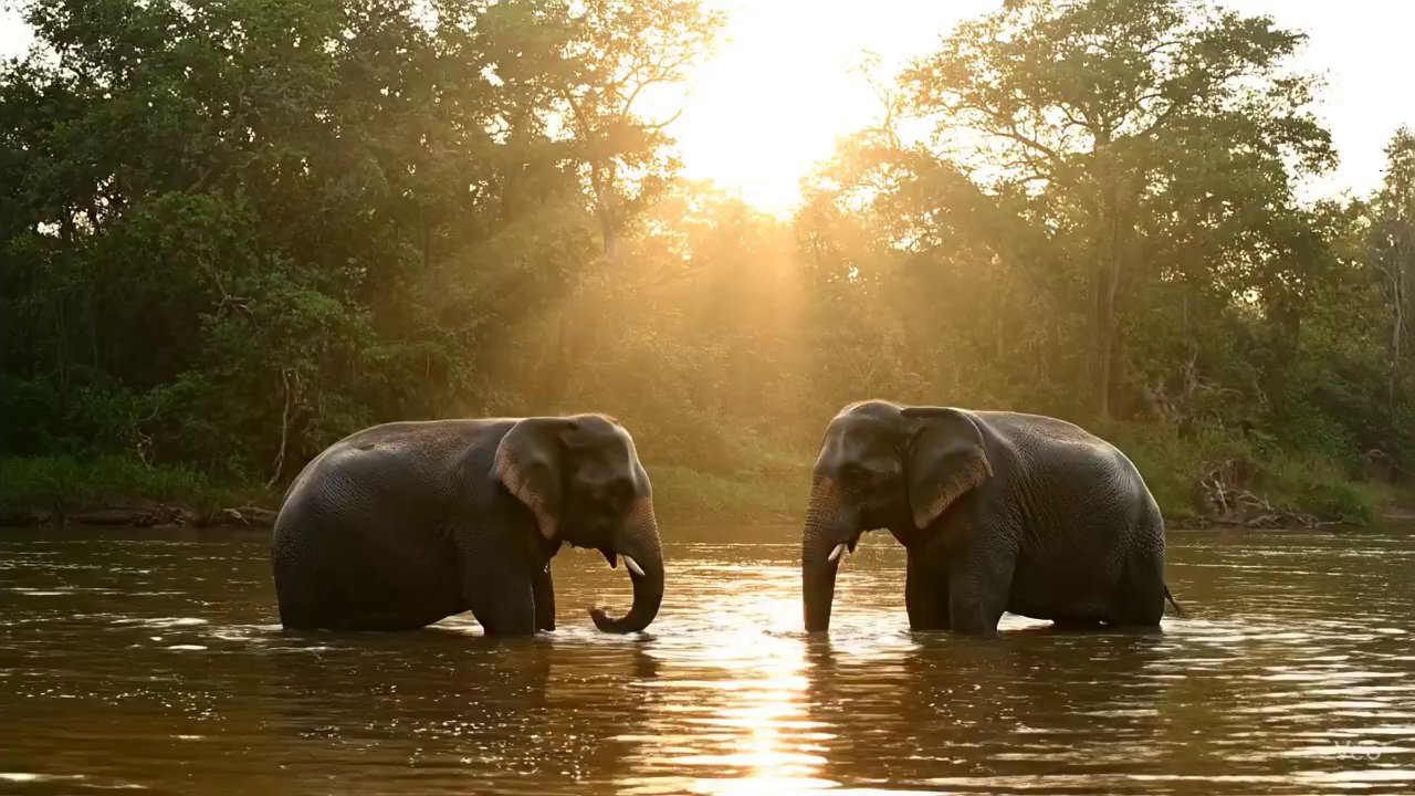 Golden Hour Elephants: River Serenity