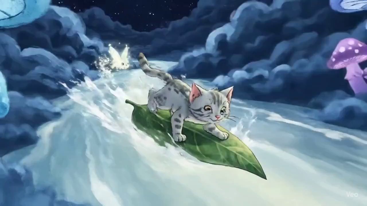 Kitten's Moonlight Surf: Whimsical 2D Animation