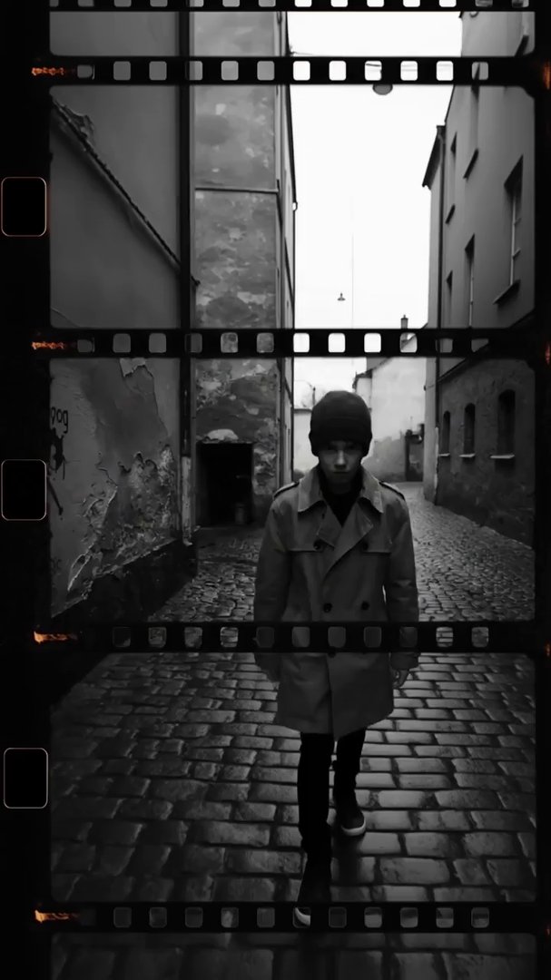 A gritty, high-contrast, black and white video rem...
