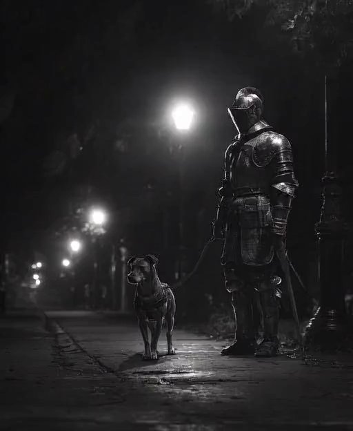 Moonlit Knight's Stroll: A Canine Companion's Night Out