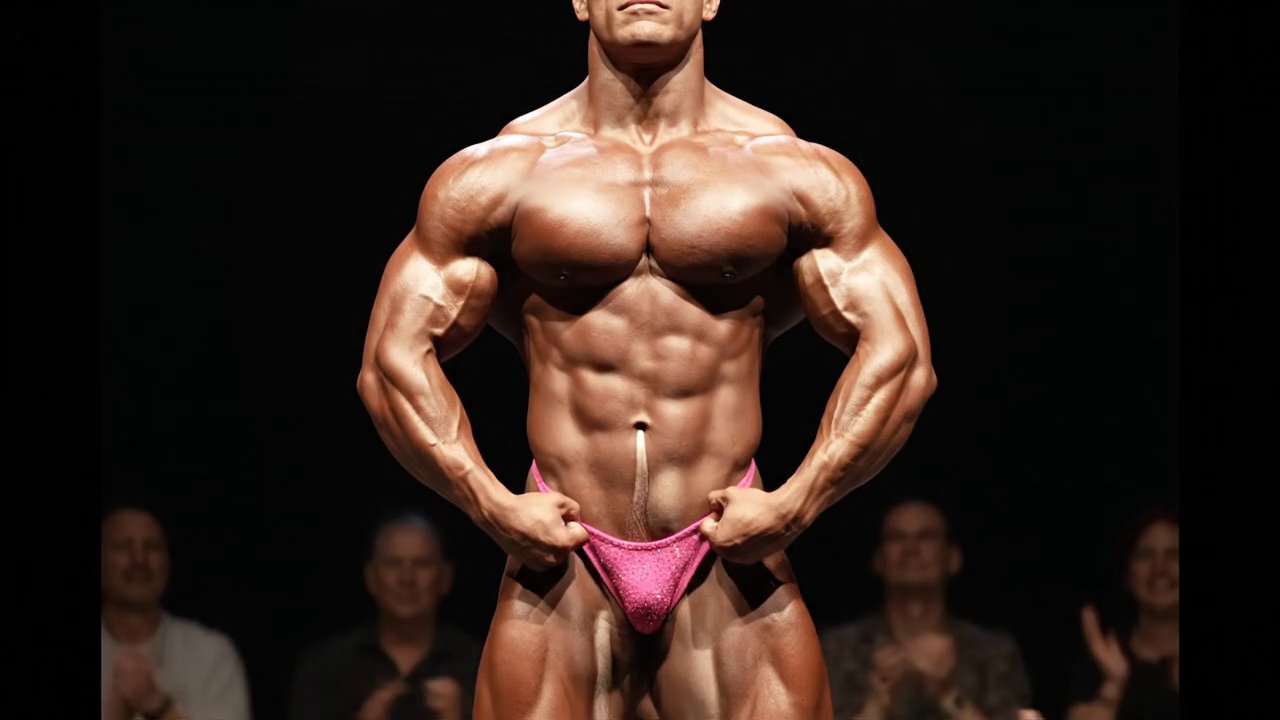 A medium shot of a massively muscular trans bodybu...