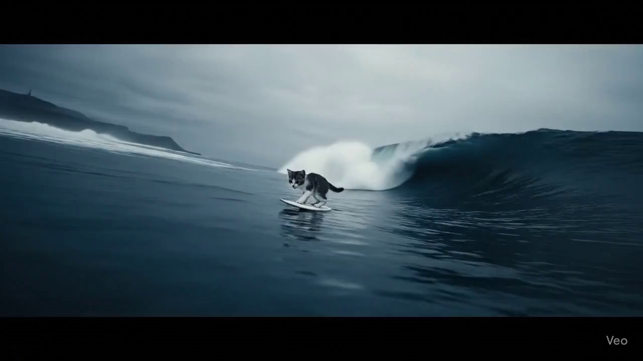 Tiny Kitten Surfs Colossal Wave: Cinematic Ocean Epic