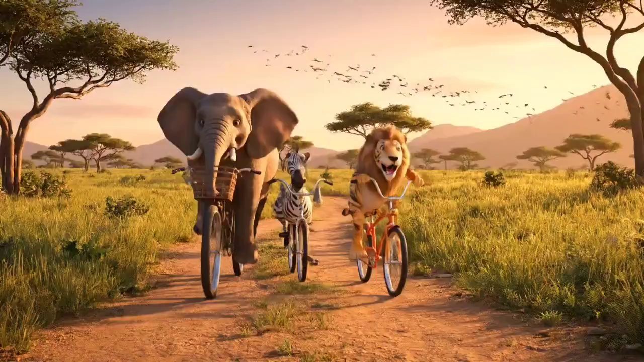 Three Musketeers on Bikes: Savanna Sunset Adventure - Veo 3 AI video prompt thumbnail