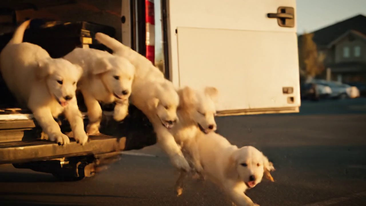 Cinematic shot of five golden retriever puppies, 8...