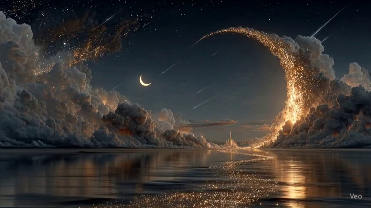 Dreamlike Celestial Seascape: Golden Stardust Horizon
