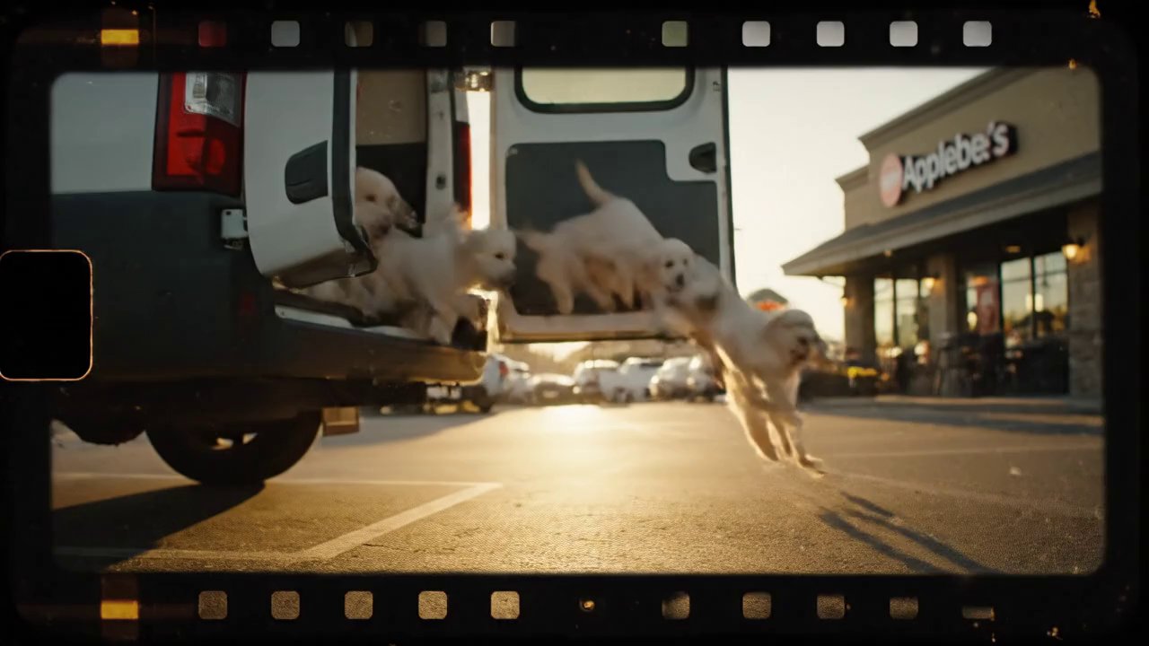 Cinematic shot of five golden retriever puppies, 8...
