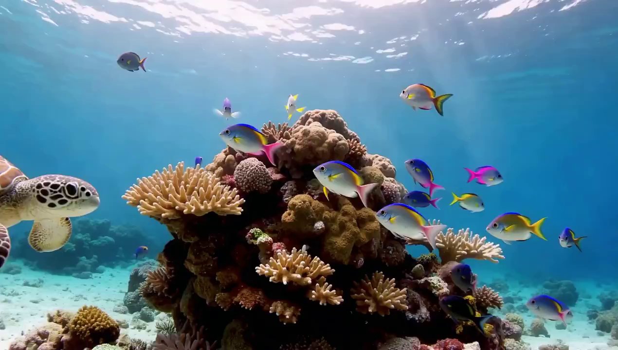 Underwater Symphony: Tropical Fish & Graceful Sea Turtle