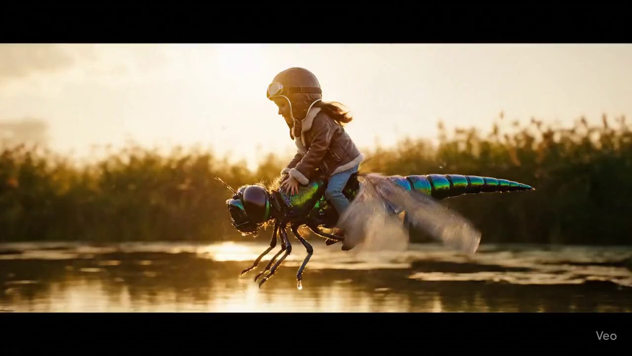 Child Flies on Giant Dragonfly at Golden Hour