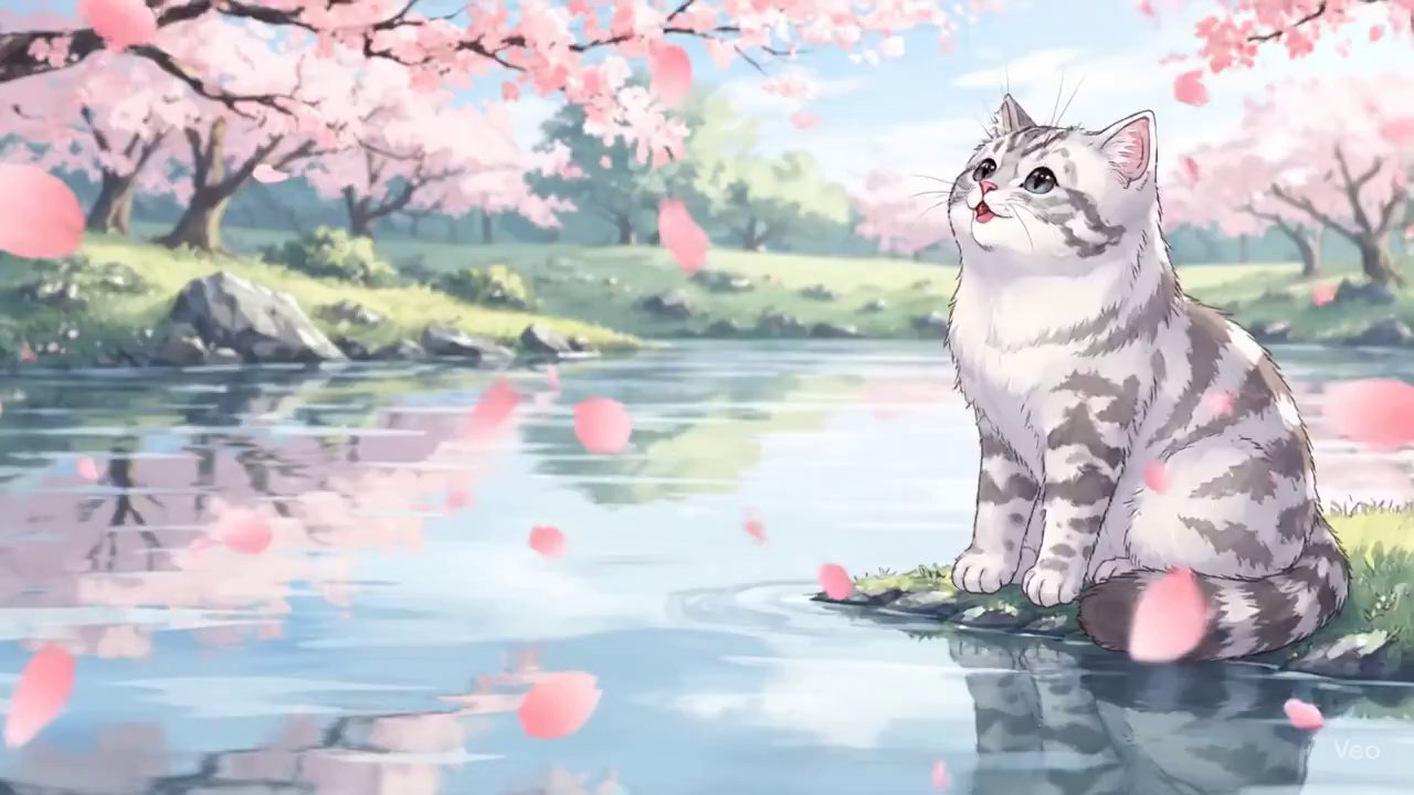Enchanting Petal Play: Anime Cat's Garden Whimsy