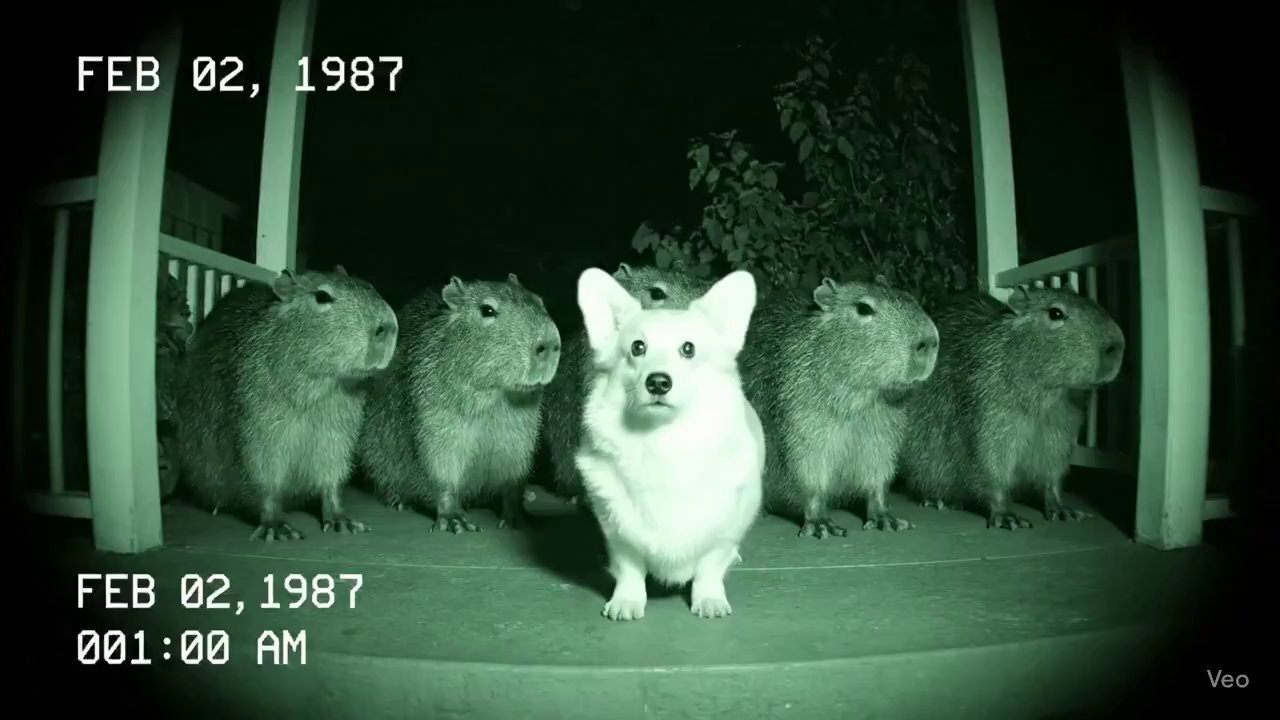 Corgi Capybara 80s Dance Party CCTV Footage - Veo 3 AI video prompt thumbnail