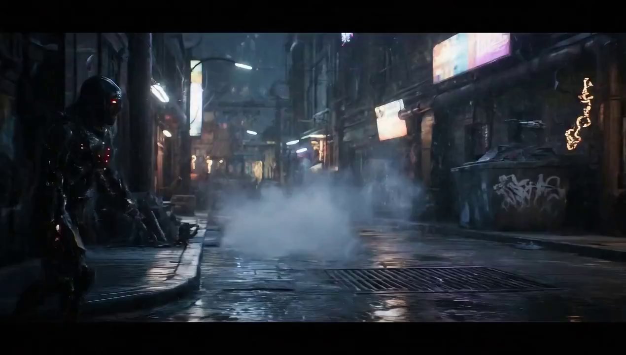 Neon Noir Alley: Cloaked Figure's Mysterious Stroll - Veo 3 AI video prompt thumbnail