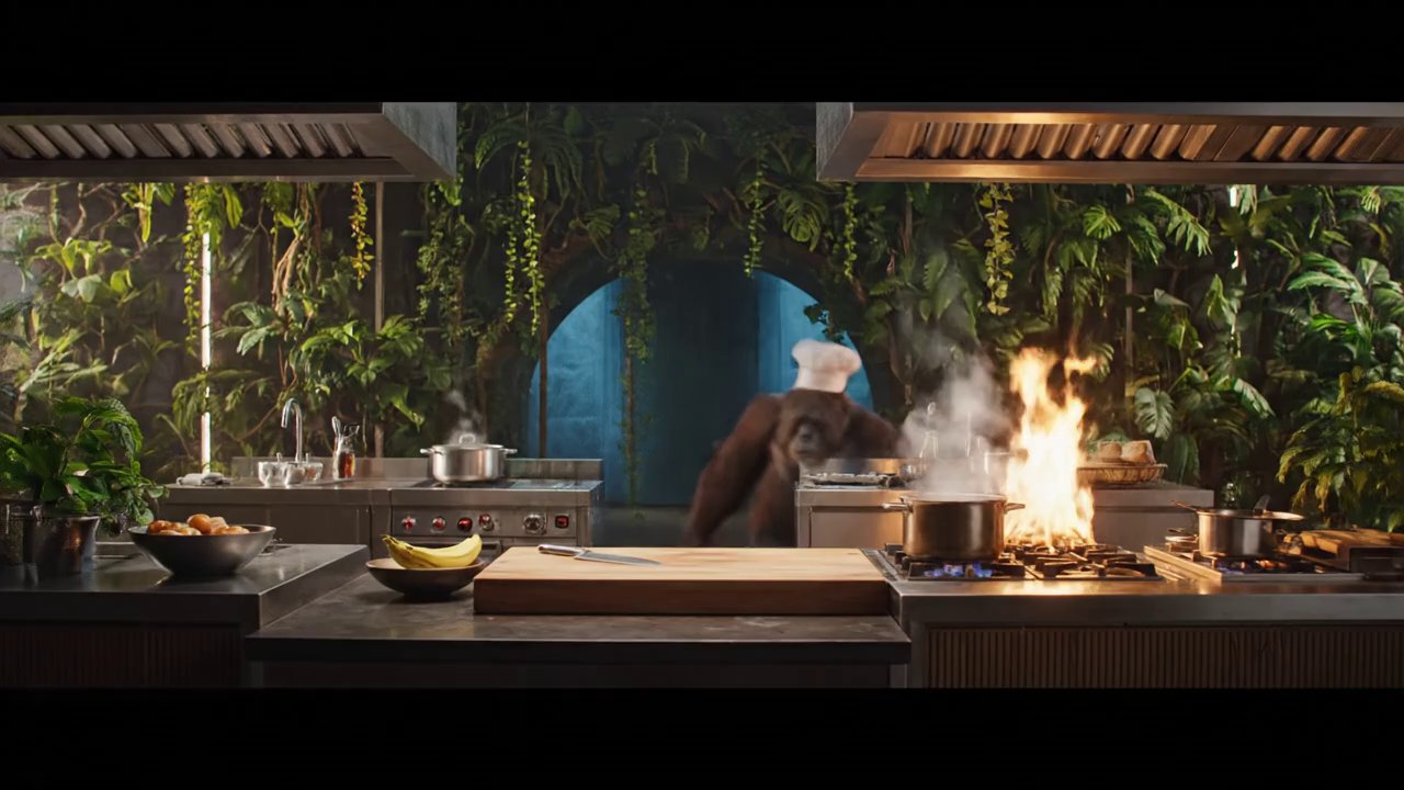 Visual: A dimly lit, high-end kitchen with vines a...