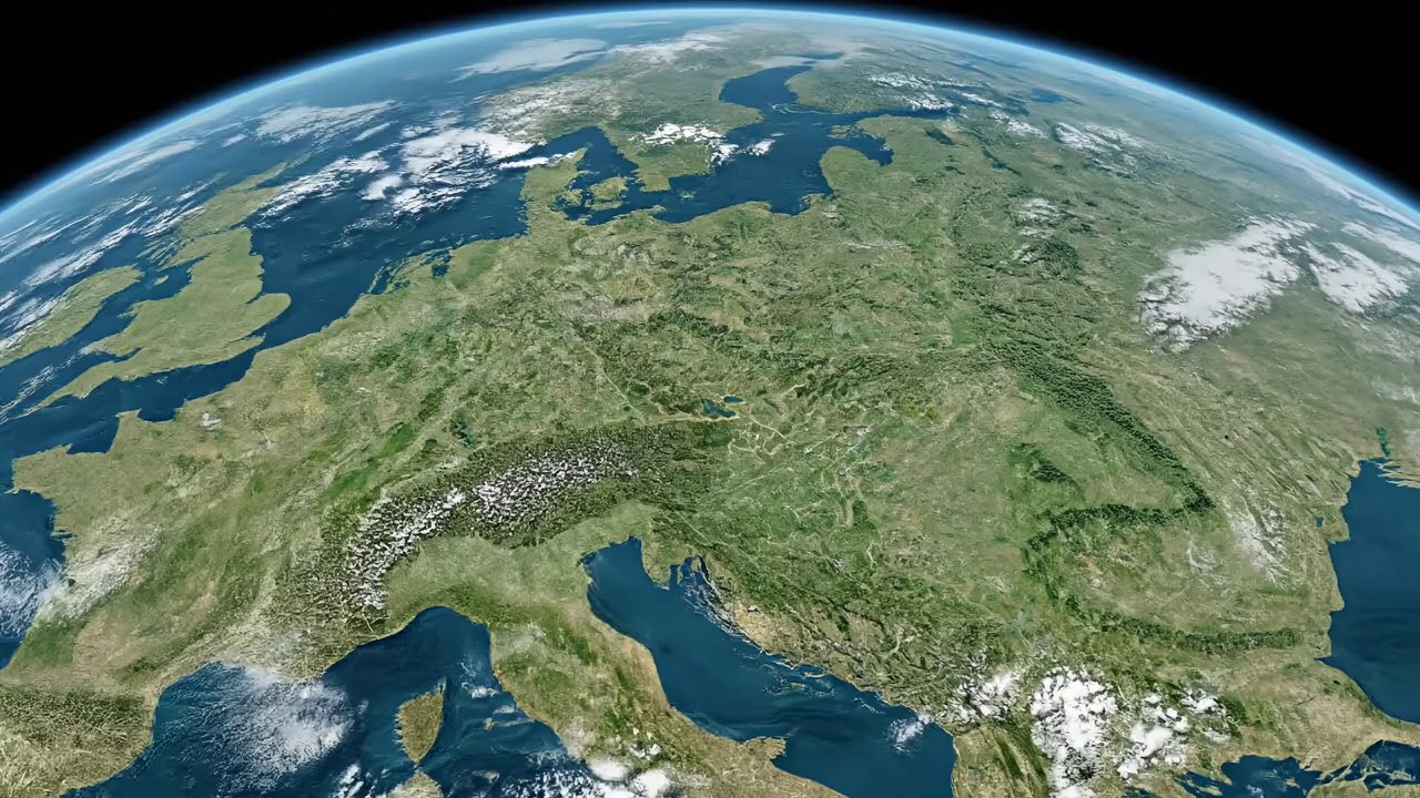 Create a smooth satellite-to-drone zoom that ends ...
