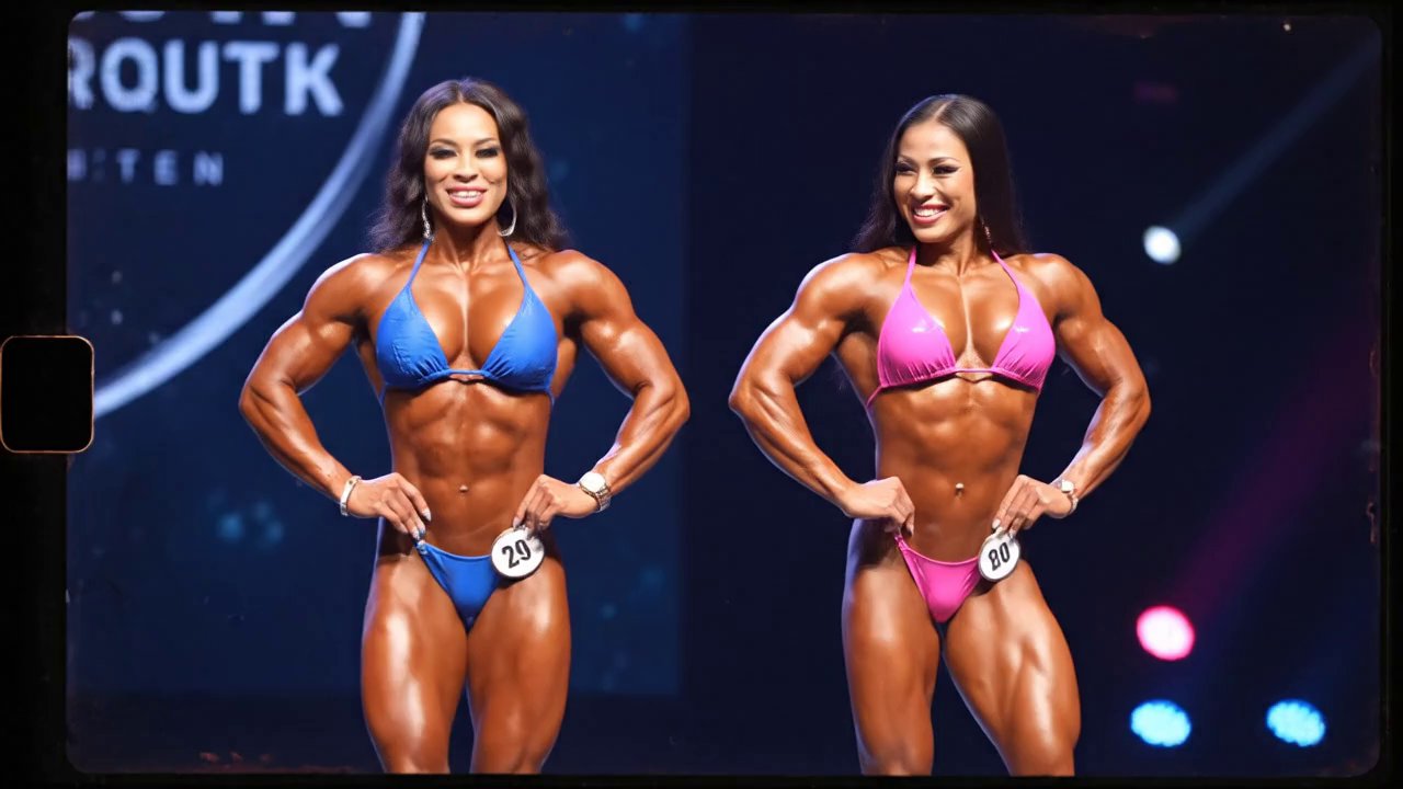 Two trans female bodybuilders, early 30s, with bea...