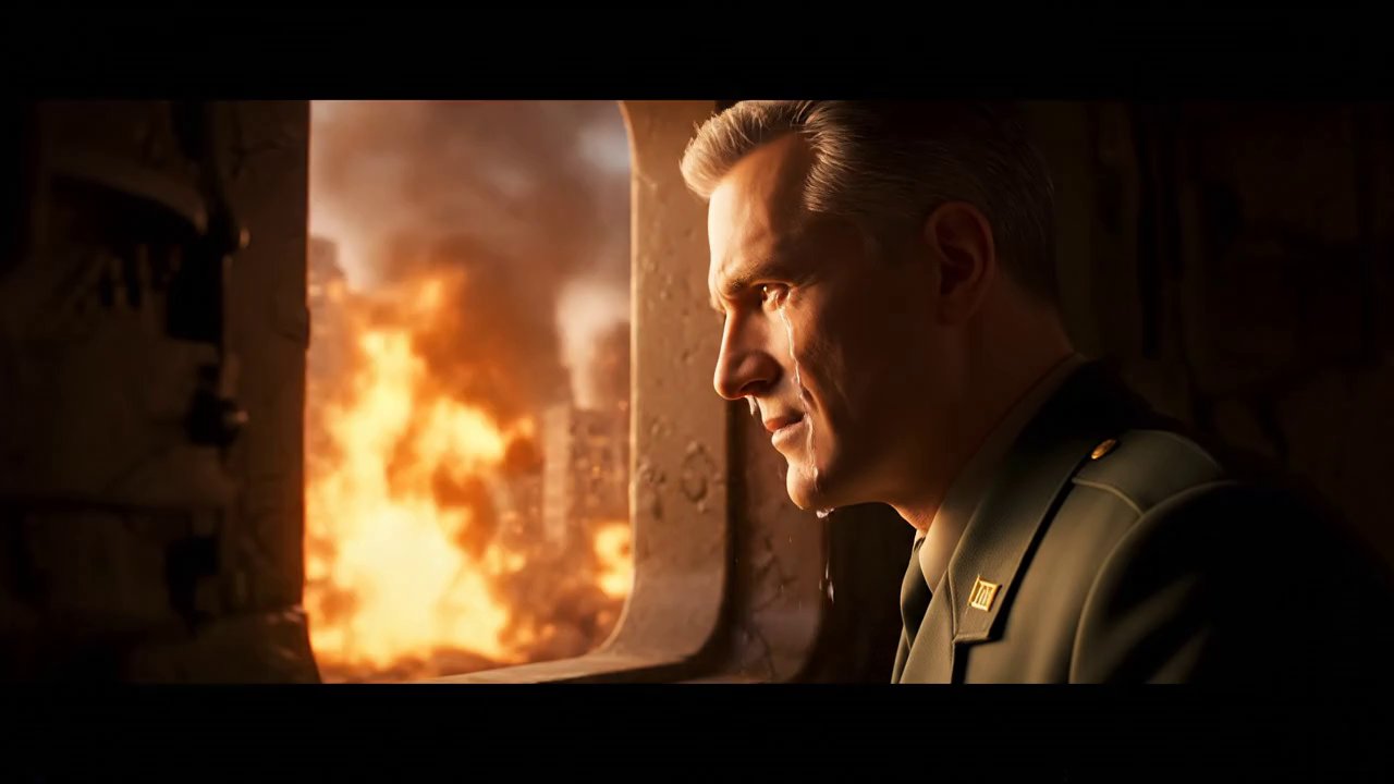 The camera pulls back to show the burning city, bu...