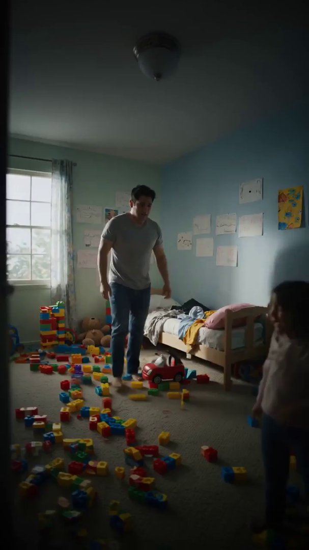 Cinematic style, eye-level camera. A father in a c...