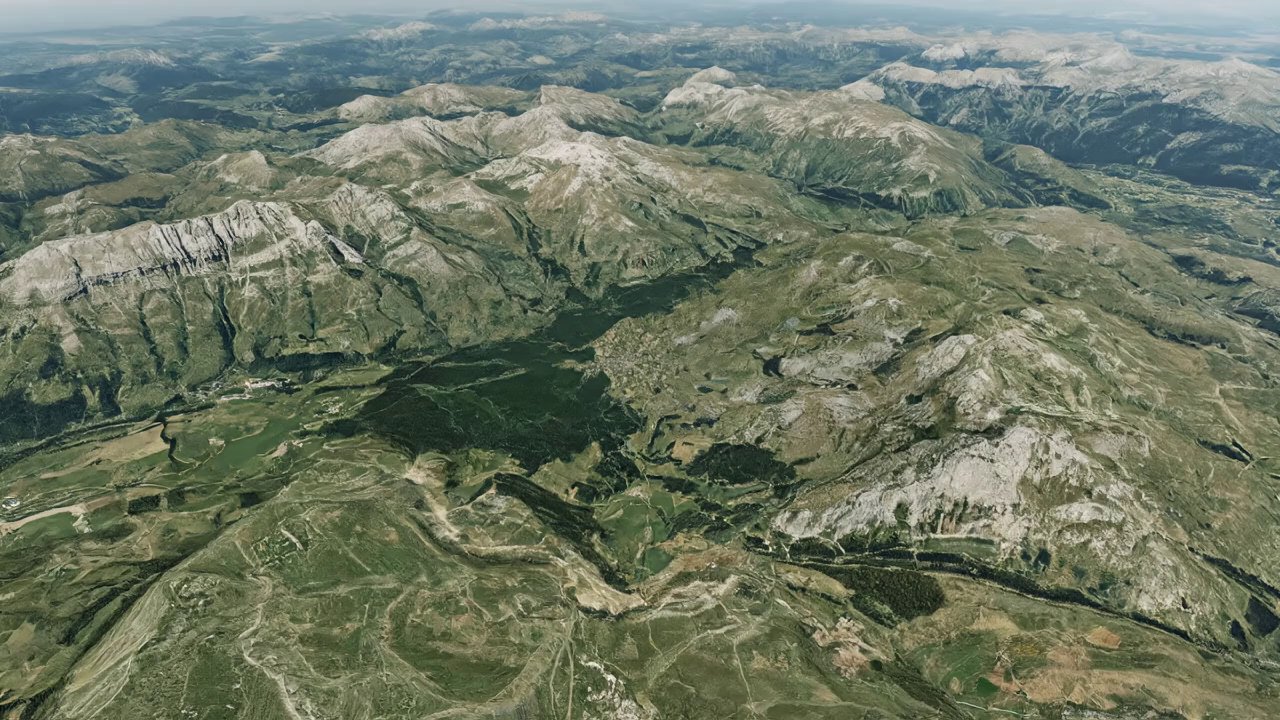 Create a smooth satellite-to-drone zoom-in over no...
