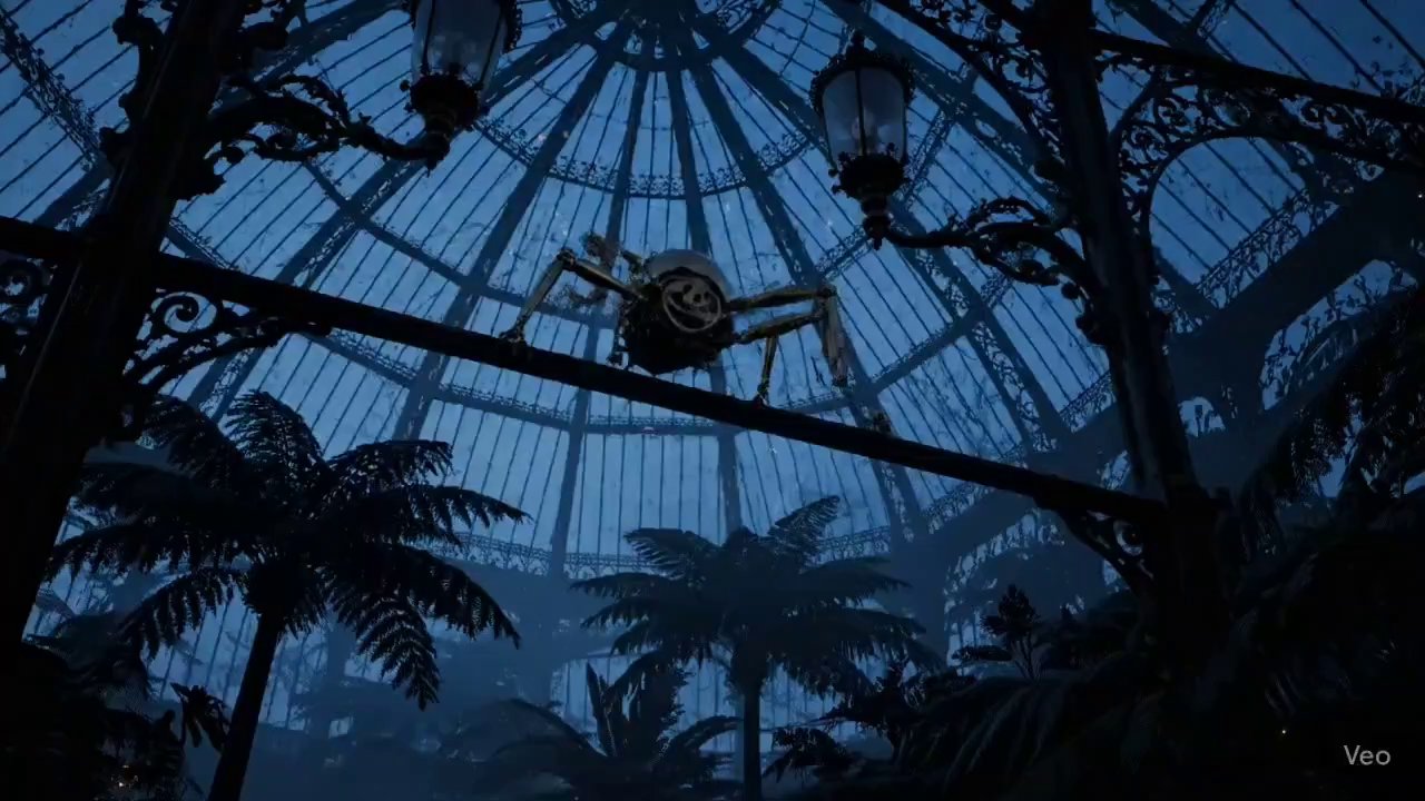 Victorian Conservatory Twilight: Cinematic Ironwork & Misty Ambiance