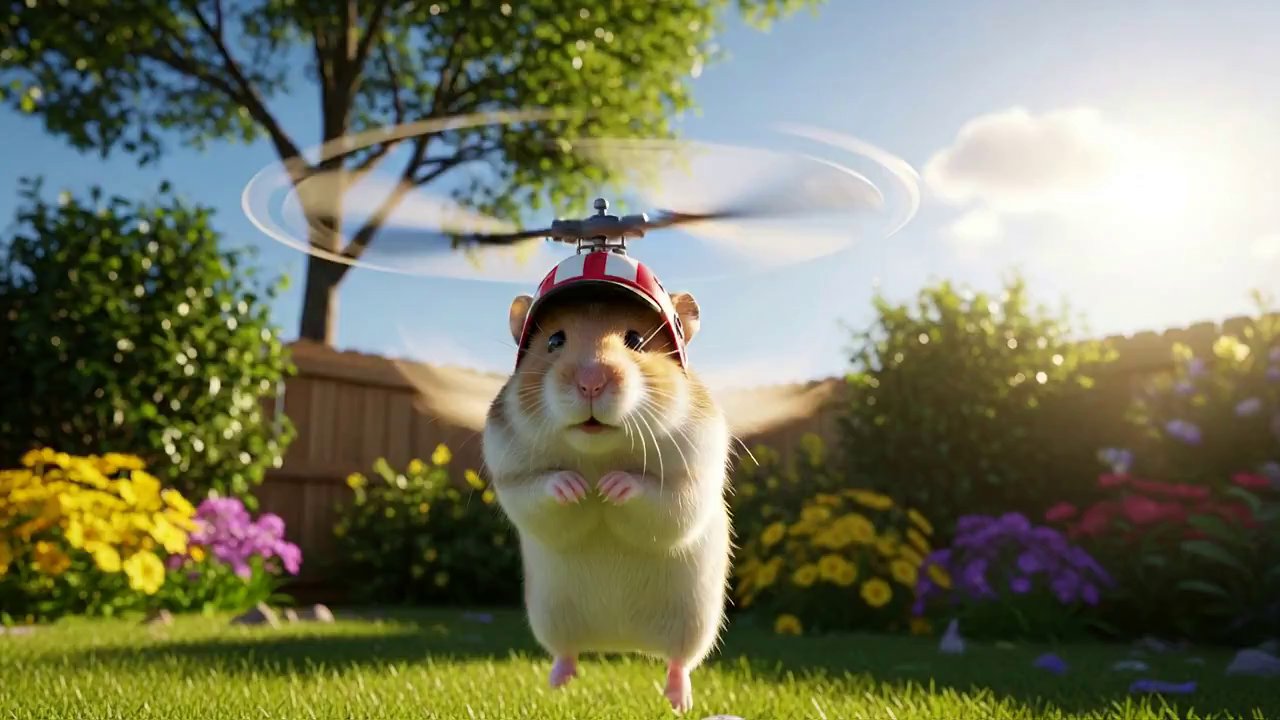 Flying Hamster with Propeller Hat Takes Flight