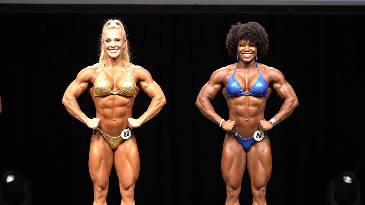 Two extremely muscular female bodybuilders pose to...