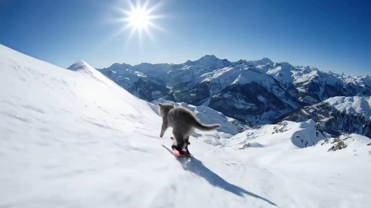 Tiny Kitten's Epic Snowboard Mountain Descent
