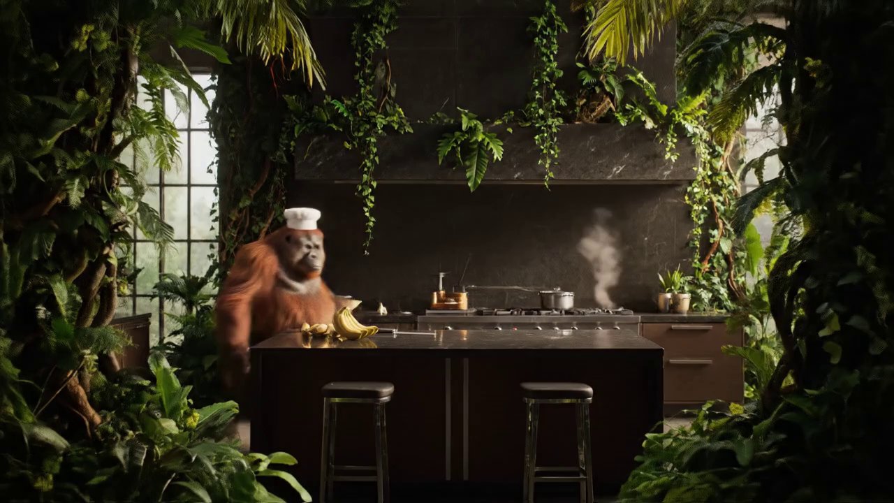 Visual: A dimly lit, high-end kitchen with vines a...