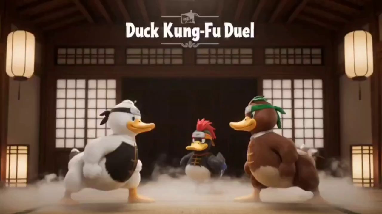Epic Duck Kung-Fu Duel in Cinematic Dojo - Veo 3 AI video prompt thumbnail