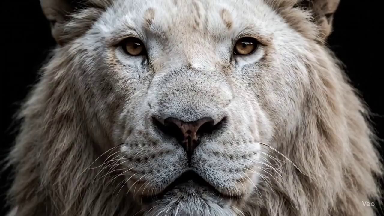 Hyper-Realistic White Lion: Intense Gaze Close-Up