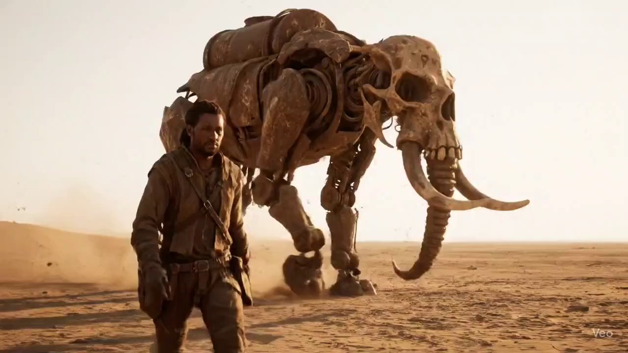 Colossal Steampunk Mammoth Mech: Rusty Bipedal Machine - Veo 3 AI video prompt thumbnail