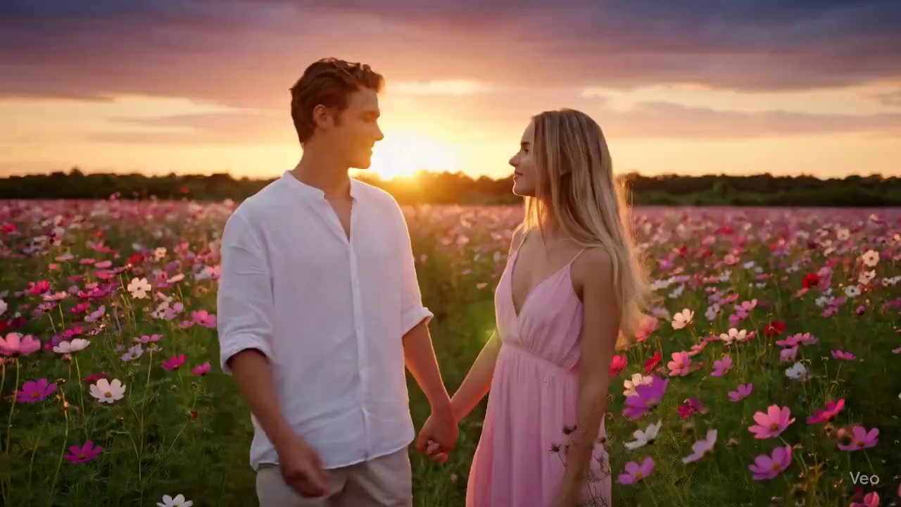 Sunset Romance: Couple's Dreamy Cosmos Field Stroll - Veo 3 AI video prompt thumbnail