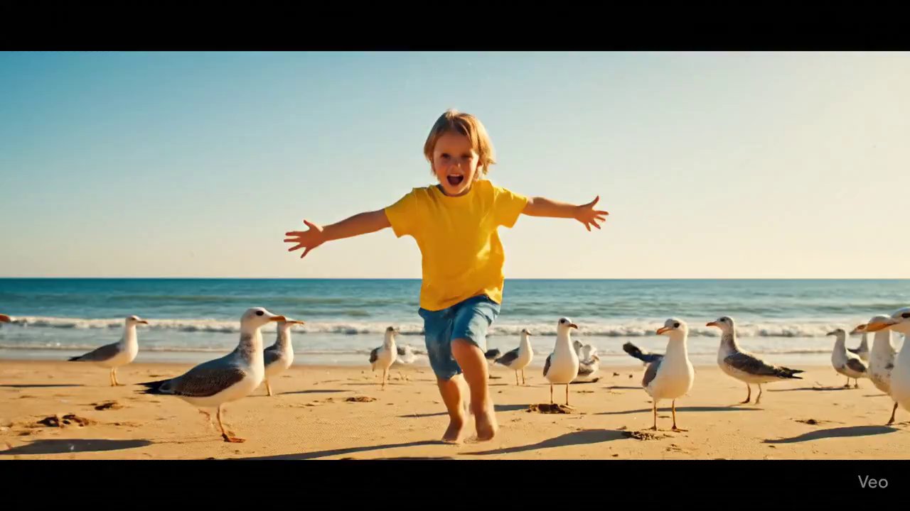 Child's Joy: Slow-Motion Beach Run with Seagulls