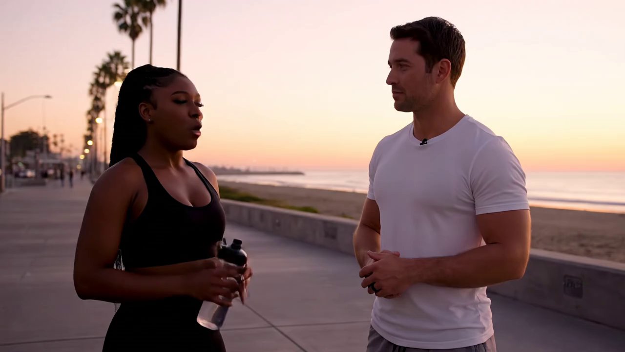 A calm sunset interview on a beach promenade in Lo... - Veo 3 AI video prompt thumbnail