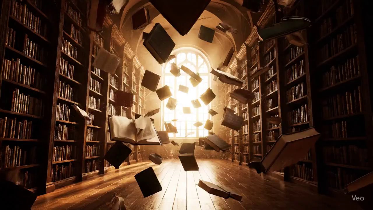 Floating Books in a Divine Library - Veo 3 AI video prompt thumbnail