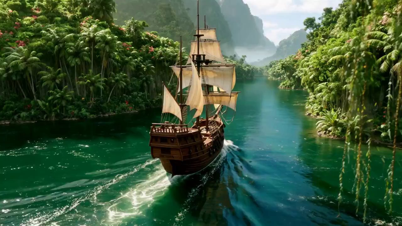 Pirate Ship's Emerald River Journey - Veo 3 AI video prompt thumbnail