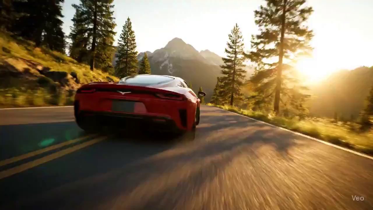 Red Sports Car Golden Hour Mountain Drive - Veo 3 AI video prompt thumbnail