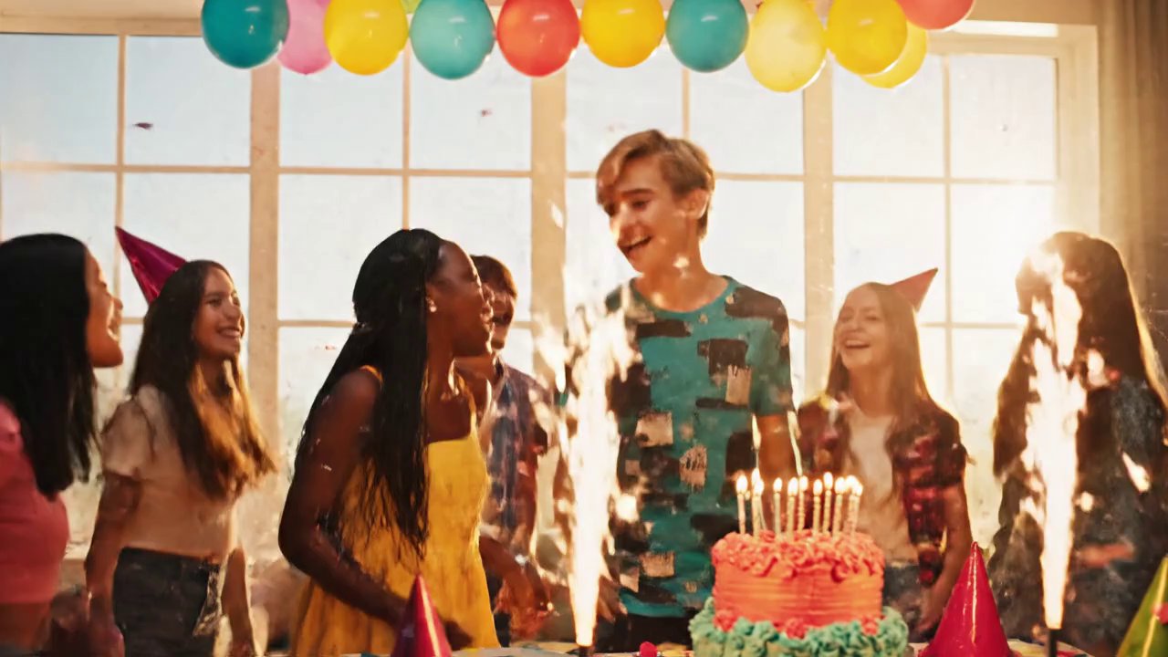 A vibrant birthday party scene with colorful ballo... - Veo 3 AI video prompt thumbnail