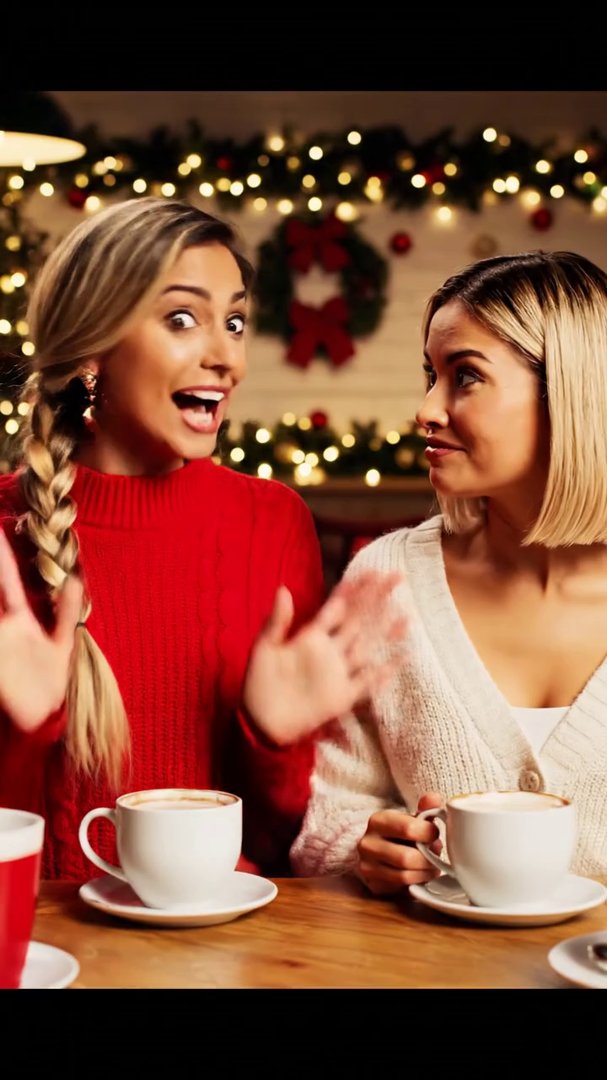 Veo 3.1: Szene im Stil einer modernen Sitcom: Ein gemütliches Café in der Vorweihnachtszeit. Im Hintergrund stehen Tassen mit Kakao, Lichterketten und weihnach
